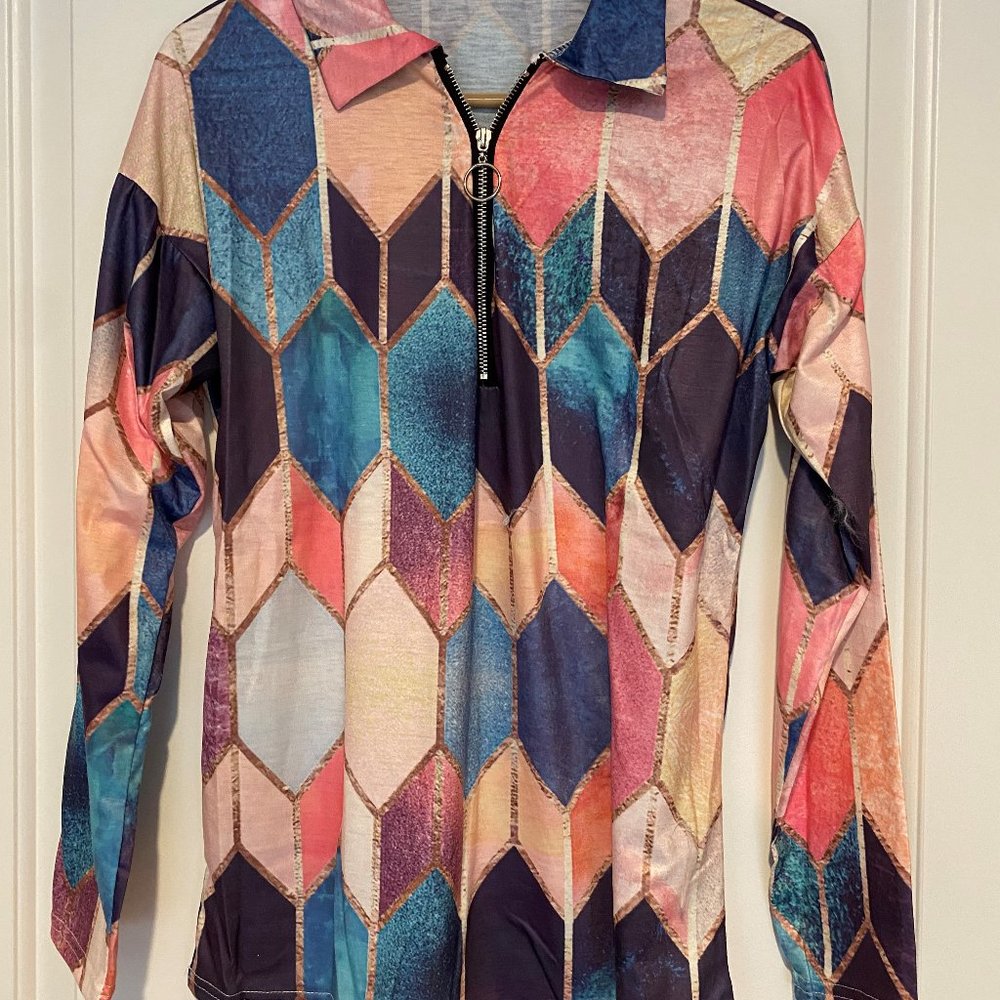 Source Unknown Multicolor Geometric Zip-Front Long Sleeve Top